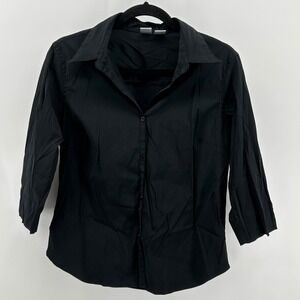 Quizz Again Petite Stretch Black 3/4 Sleeve Button Down Shirt PL Y2K Goth Office